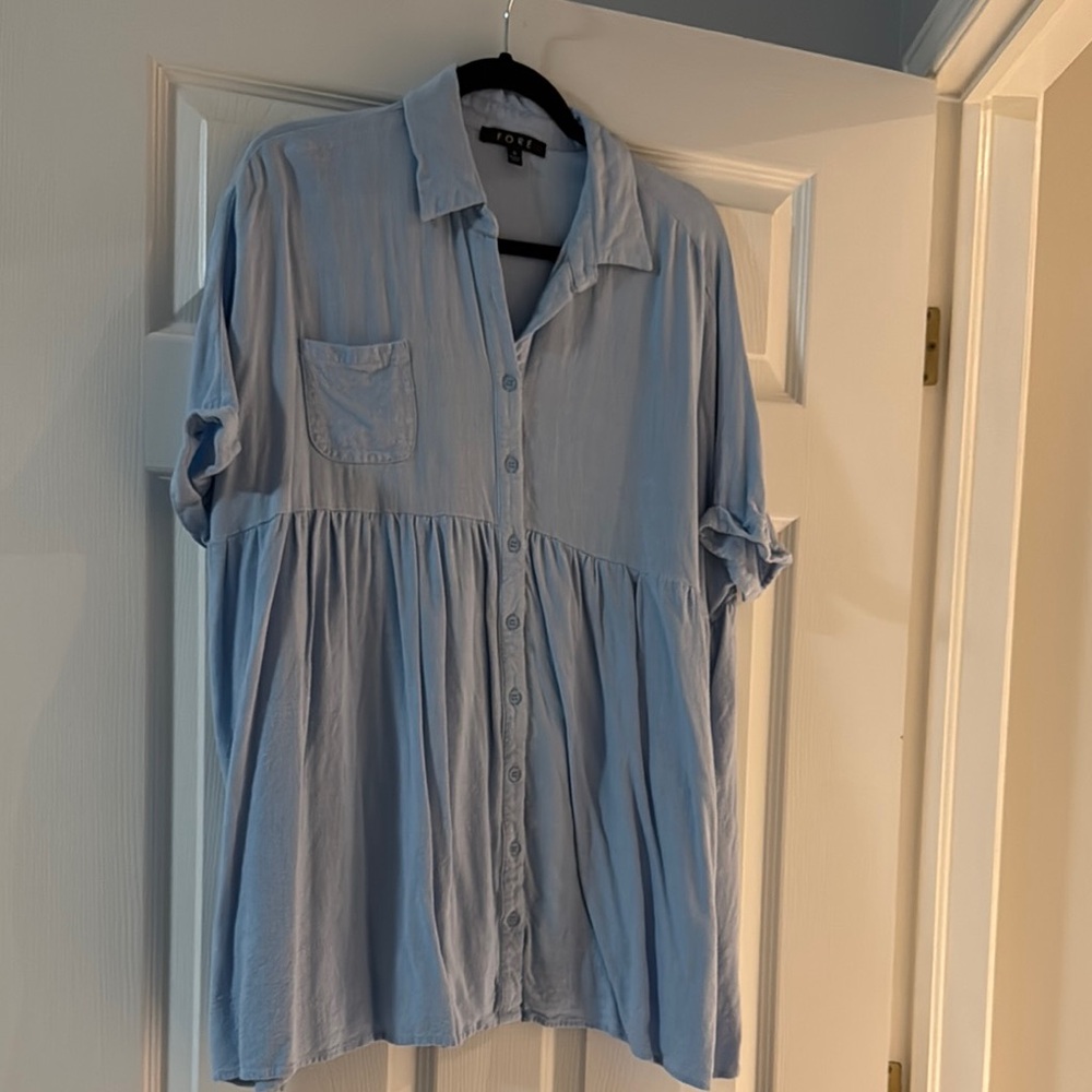 Blue Cuffed Sleeve Babydoll Mini Dress